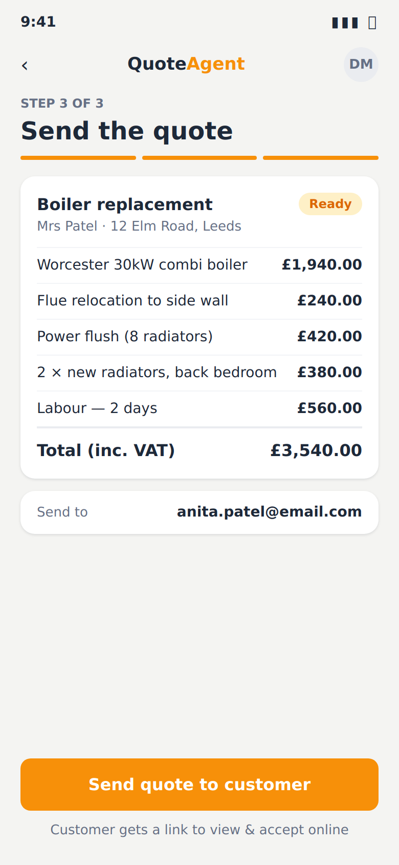 QuoteAgent step 3 — Send: finished itemised boiler replacement quote totalling £3,540 ready to send to the customer