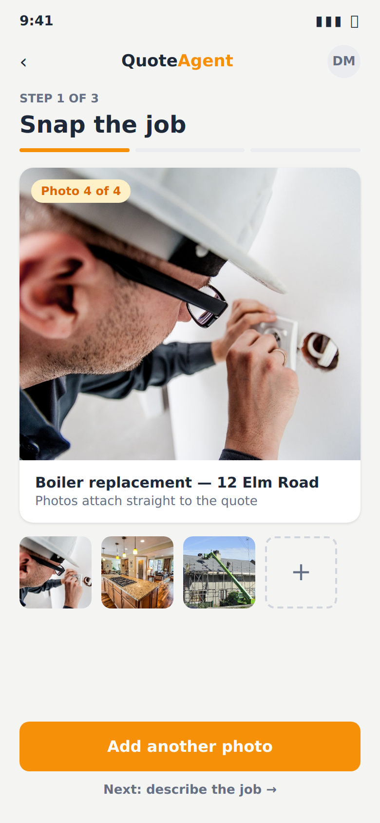 QuoteAgent step 1 — Snap: job photos of a boiler replacement attached to the quote, with thumbnails and an Add another photo button
