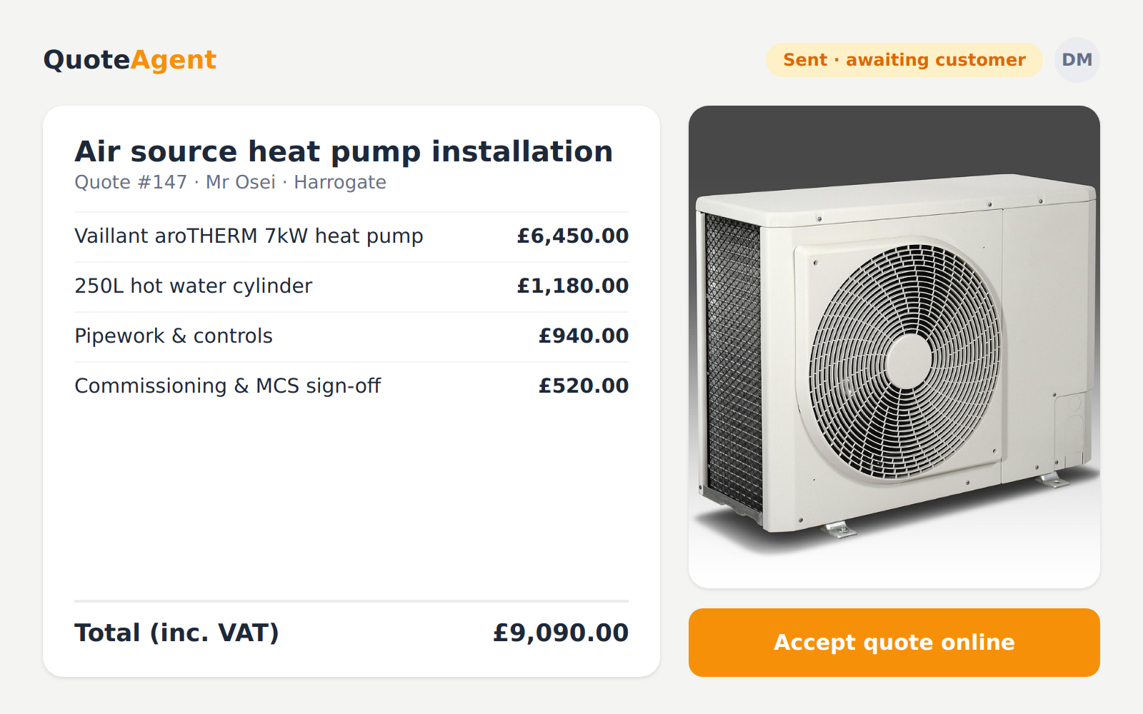 QuoteAgent quote for an air source heat pump installation — itemised prices with a photo of the outdoor heat pump unit and an accept button