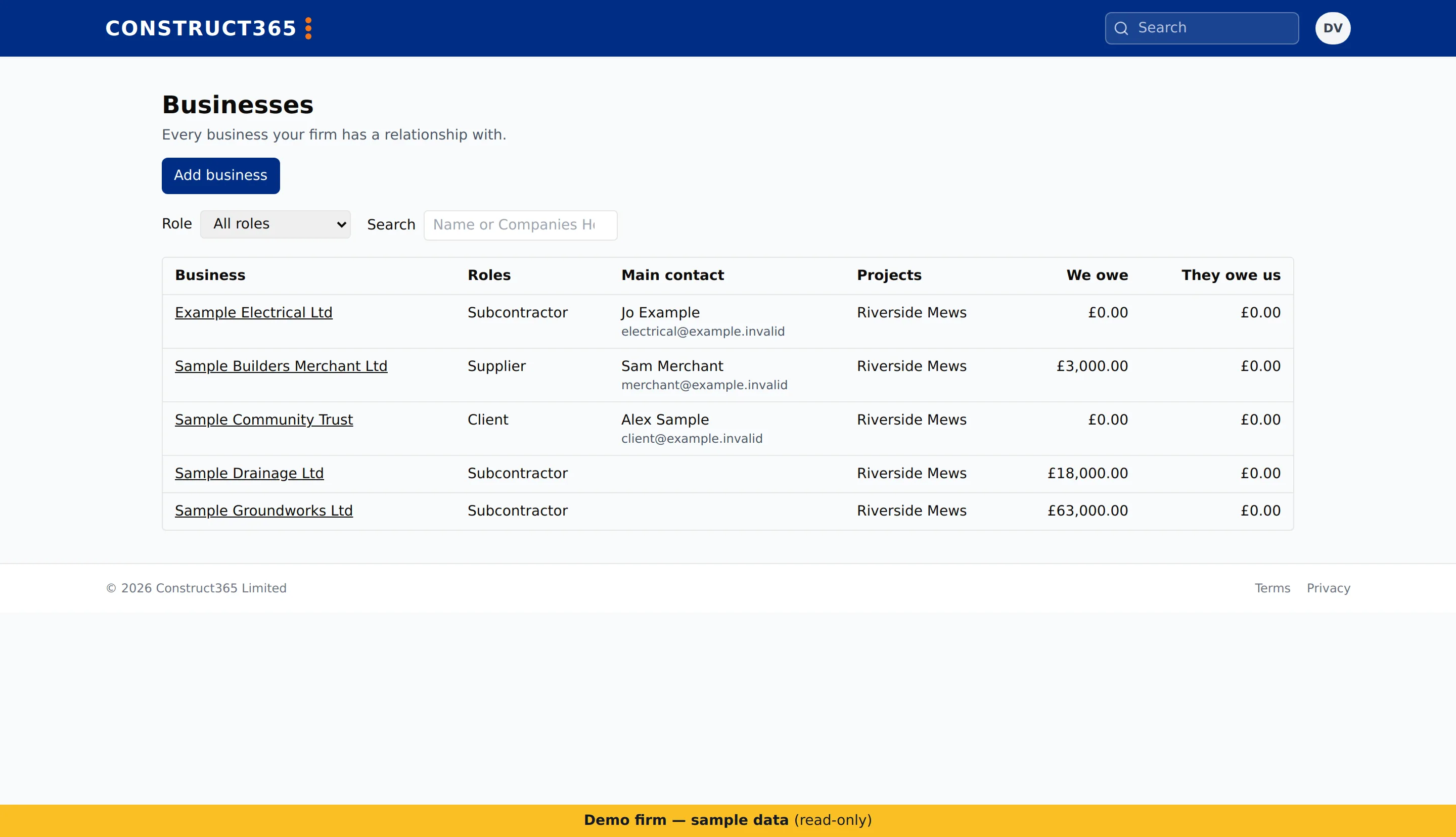 Businesses page listing each business the firm deals with, with its roles, main contact and the projects it is on