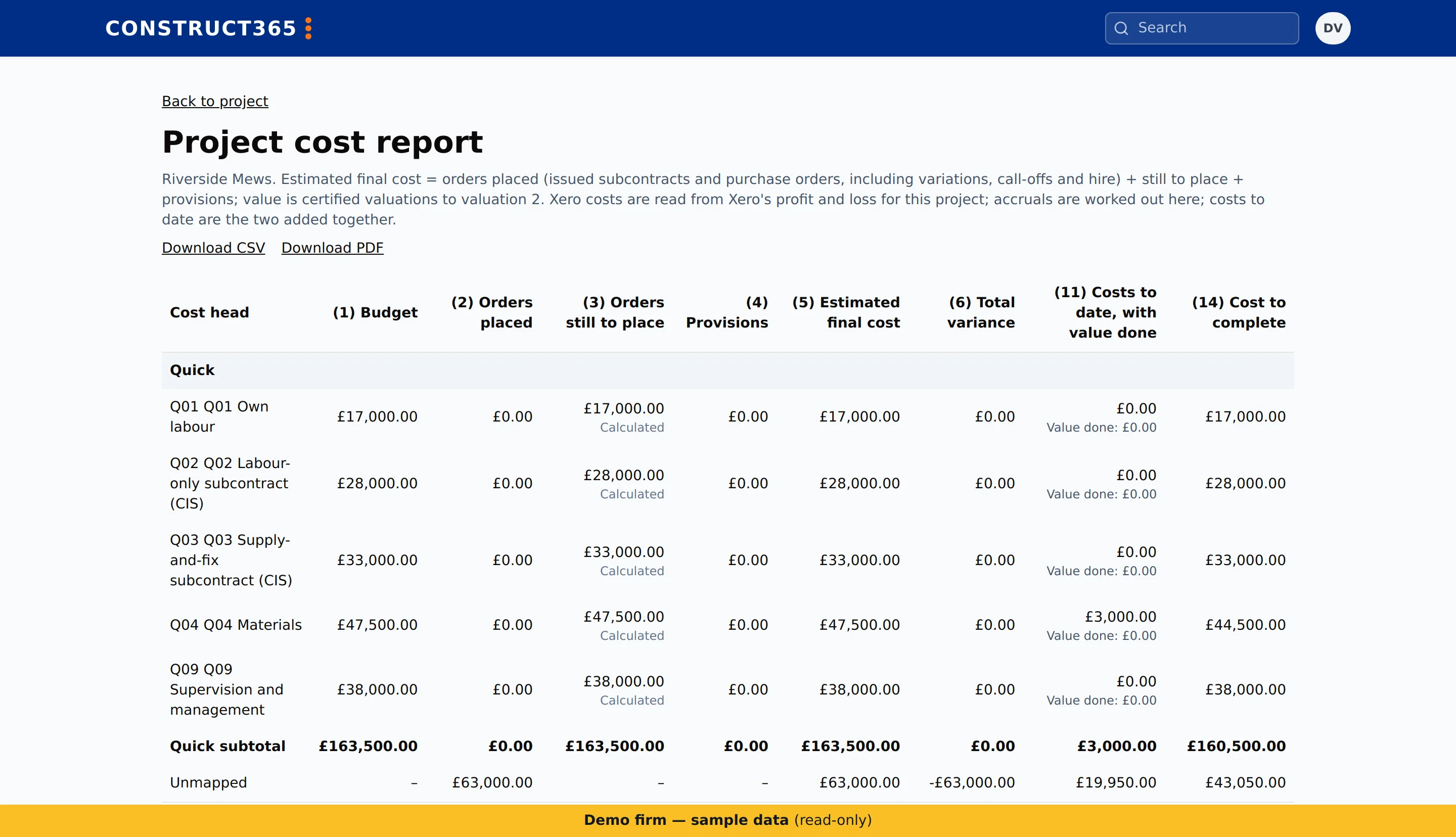 Project cost report showing budget, committed value and value to date for each budget line