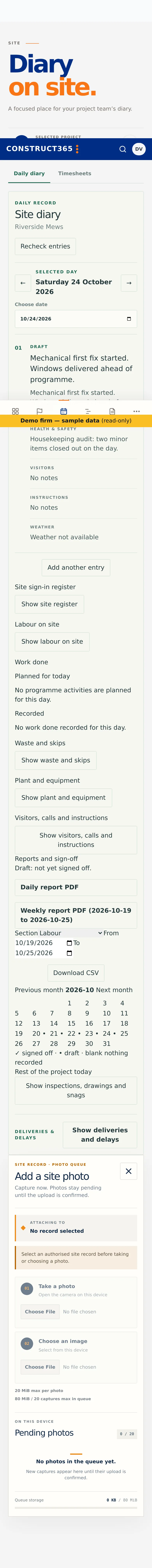 Phone screen of the site diary showing one day's entry