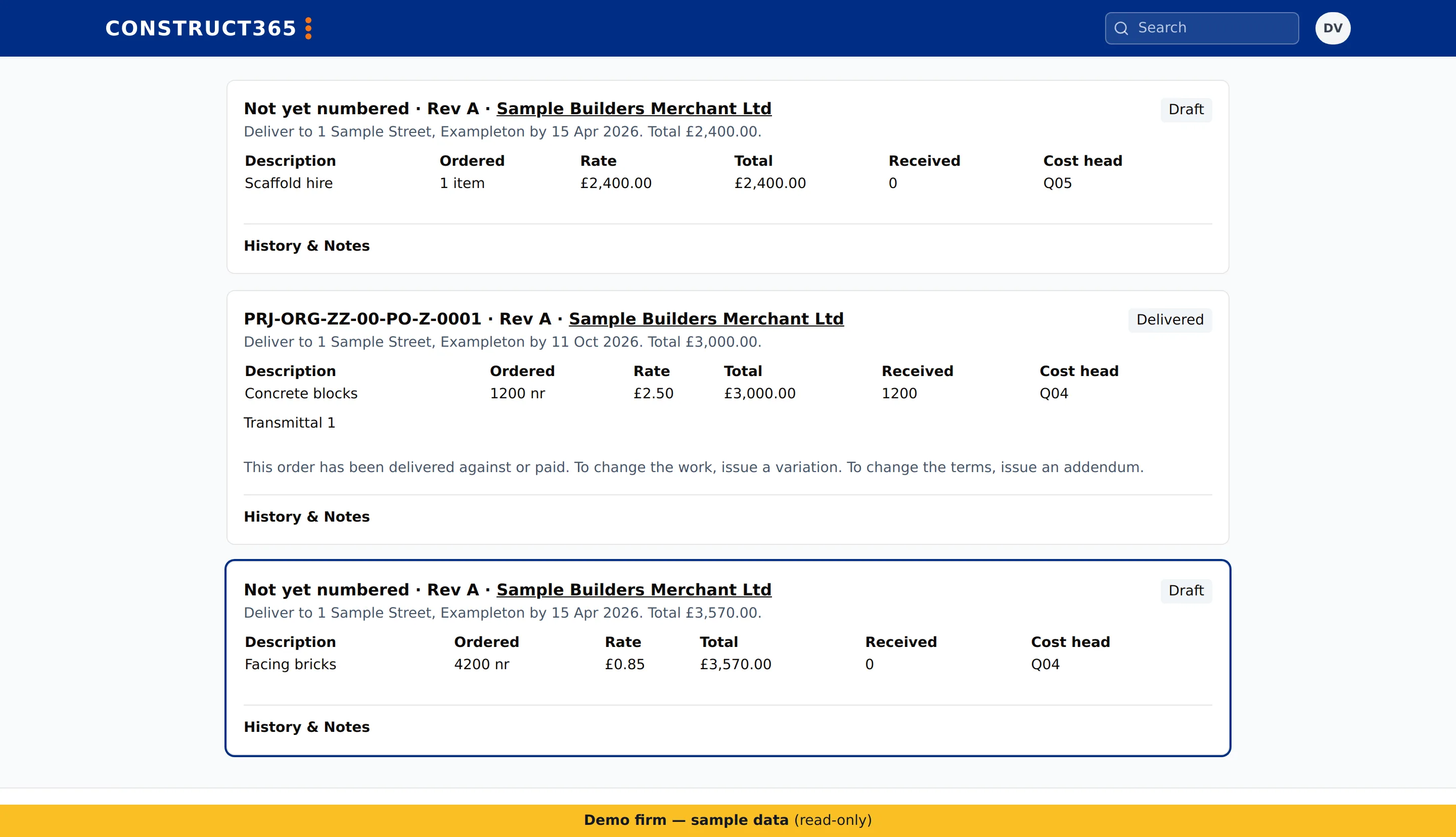 Purchase orders page listing orders with their lines, ordered and received quantities, totals and cost heads