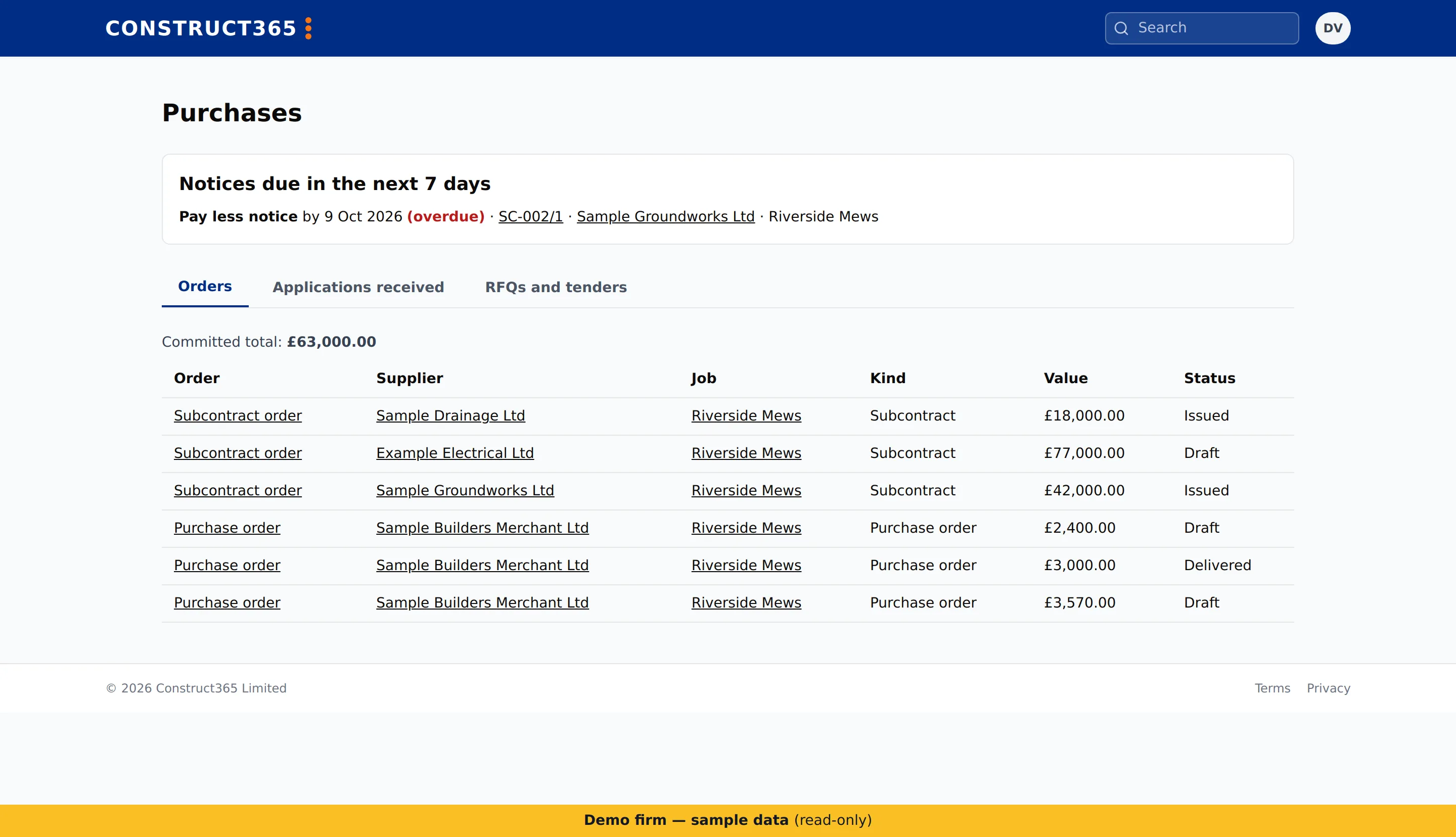 Purchases page listing subcontract and purchase orders with supplier, job, kind, value and status, and the committed total
