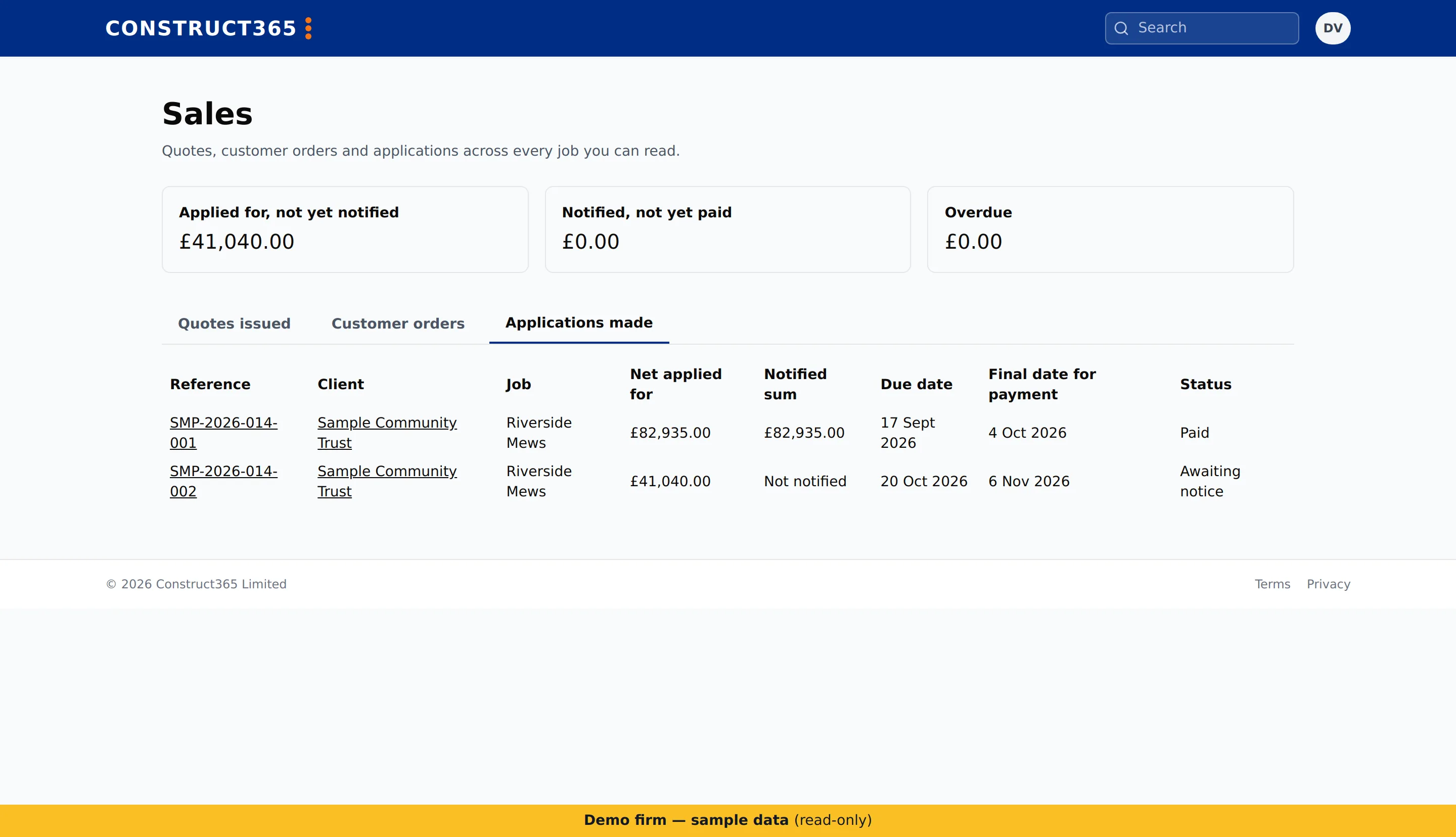 Sales page listing applications made with their client, job, net applied, notified sum, due date, final date for payment and status