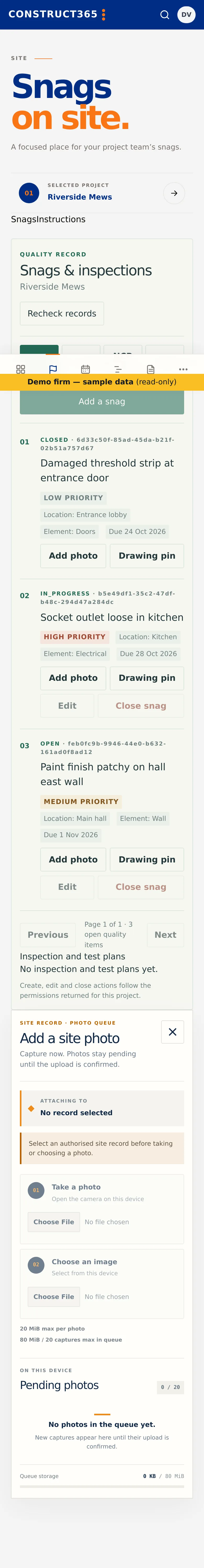 Phone screen of a snag with its drawing location open, showing the pin placed on a floor plan