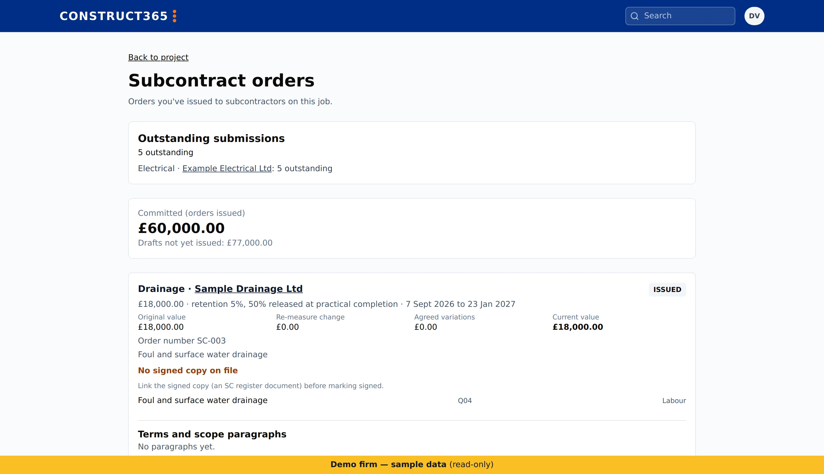 Subcontract orders page listing an order with its original value, re-measure change, agreed variations and current value