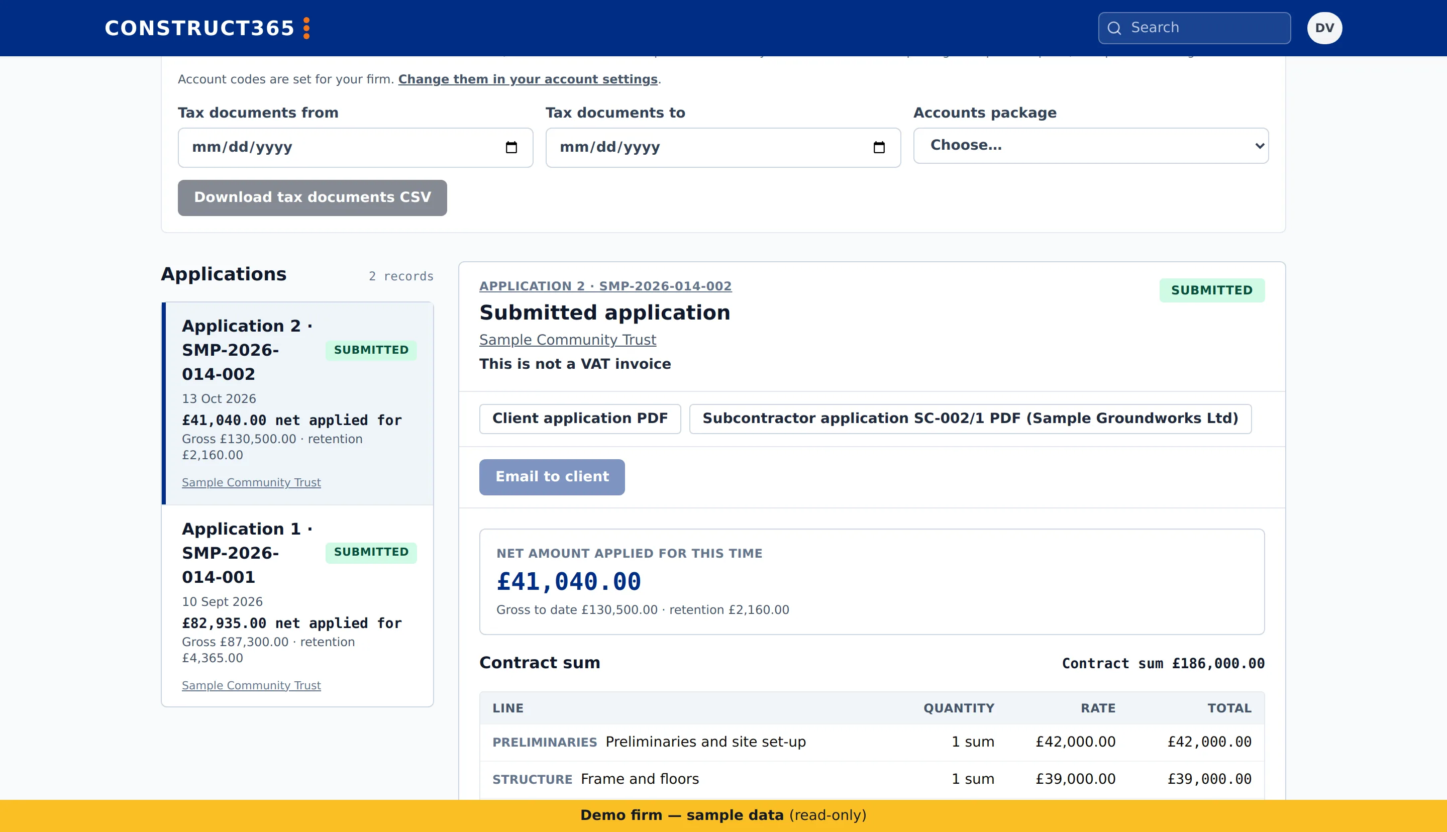 Submitted valuation application built from the accepted quote line items, with the valuation history
